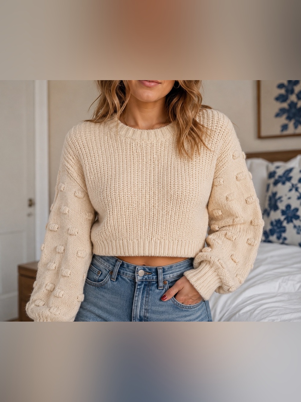 Moon & Madison Cream Bobble Sleeve Cropped Chunky Knit Sweater XS Cozy EUC